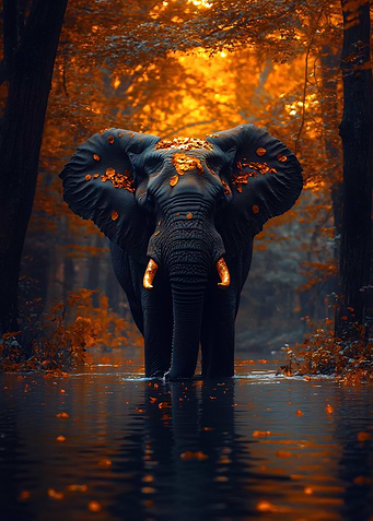 Elephant in Autumn Forest Lake