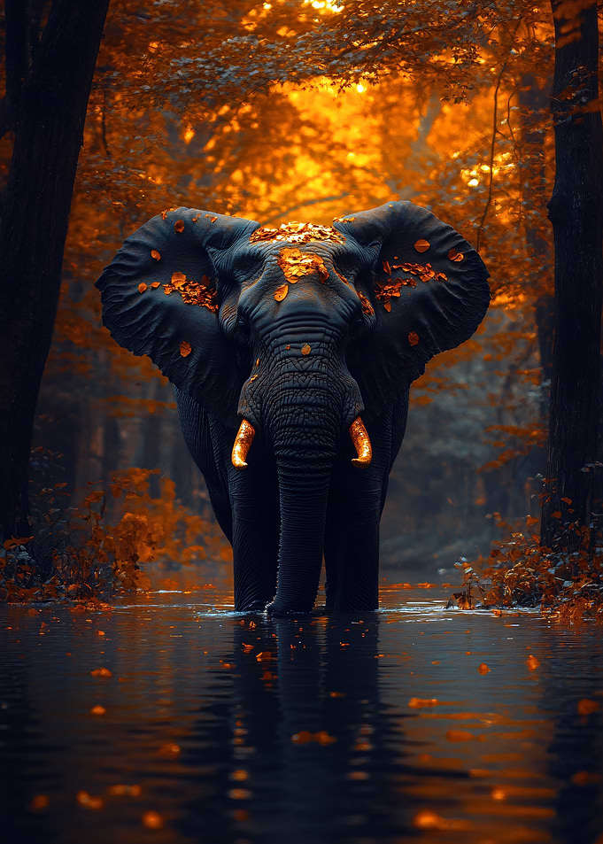 Elephant in Autumn Forest Lake