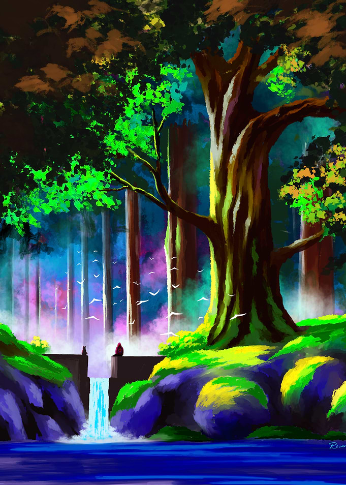 Fantasy Forest Waterfall Digital Painting