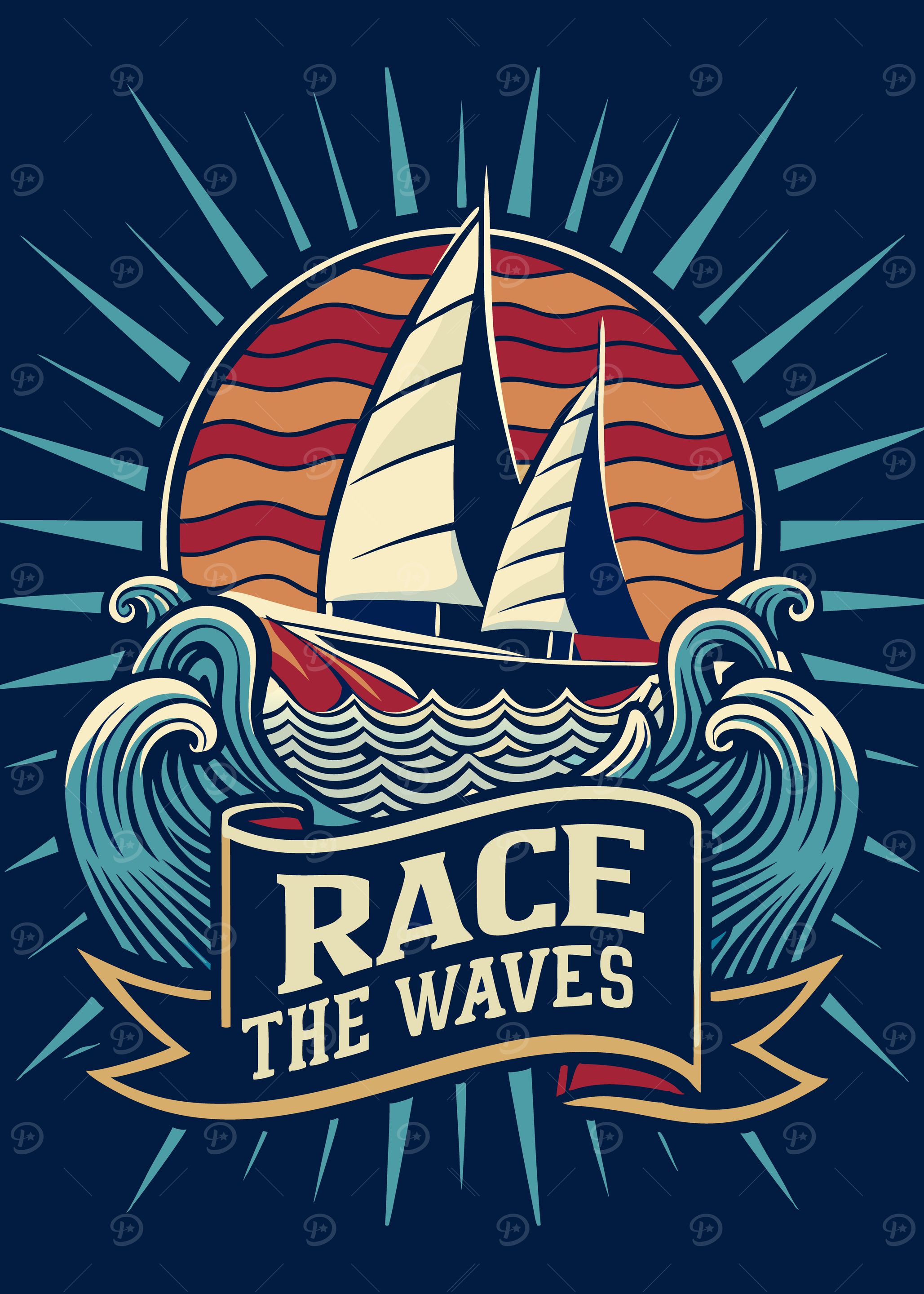 Race the Waves Sailing Illustration