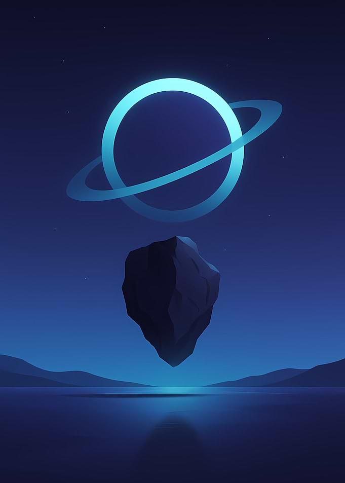 Floating Rock and Ringed Planet
