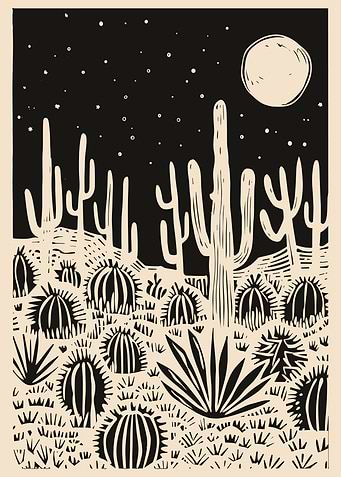 Desert Night Cactus Landscape Illustration