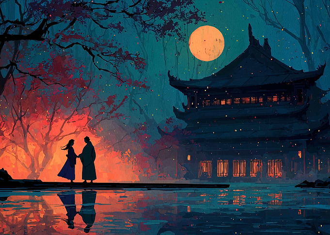 Romantic Encounter by a Temple Lake