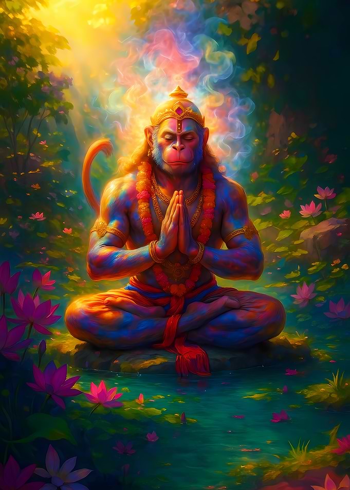 Meditating Hanuman in Lotus Garden