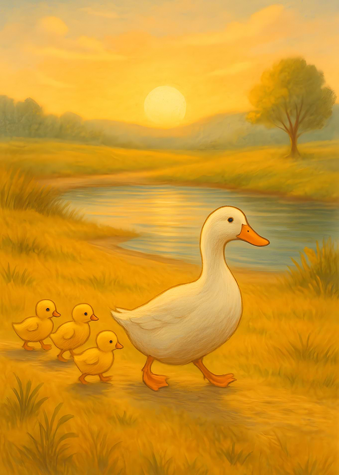 Mother Duck and Chicks at Sunrise – Peaceful Animal Family Wall Art.