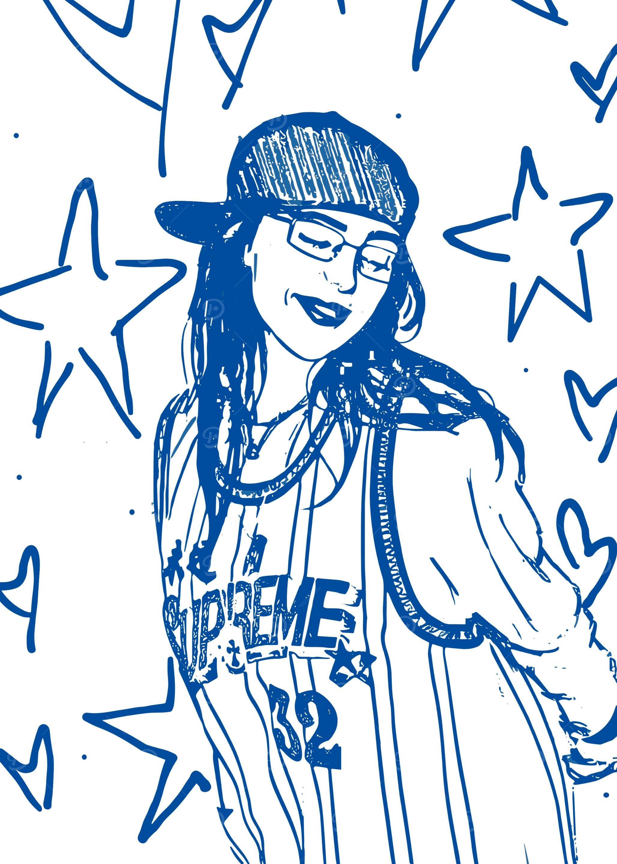 Blue Line Art: Woman with Stars