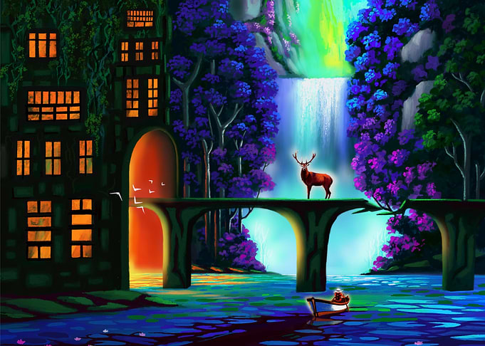 Fantasy Landscape with Deer and Waterfall