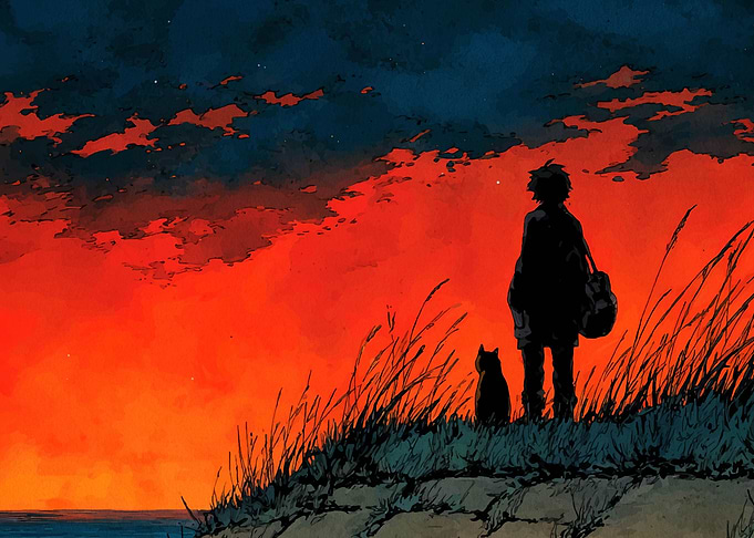 Silhouette of Boy and Cat Sunset