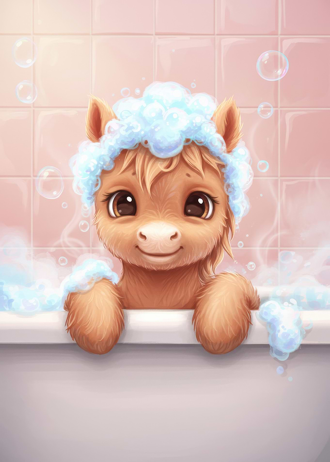 Cute Pony in Bathtub with Bubbles