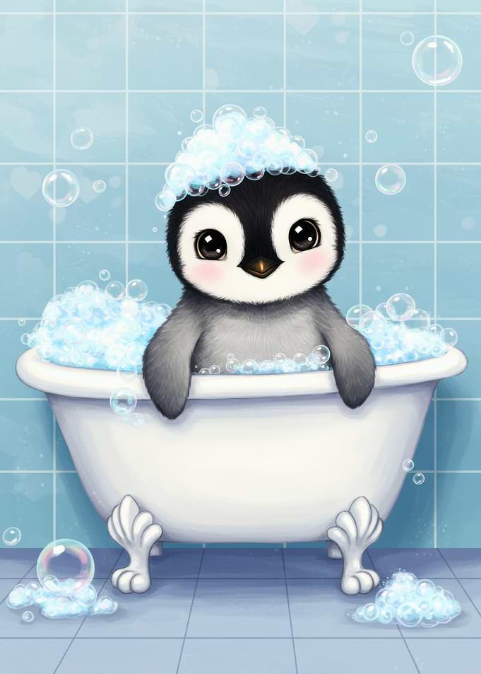 Cute Penguin in Bathtub with Bubbles