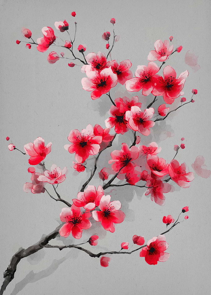 Red Cherry Blossom Branch Painting