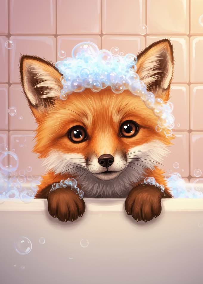 Fox in Bathtub with Bubbles