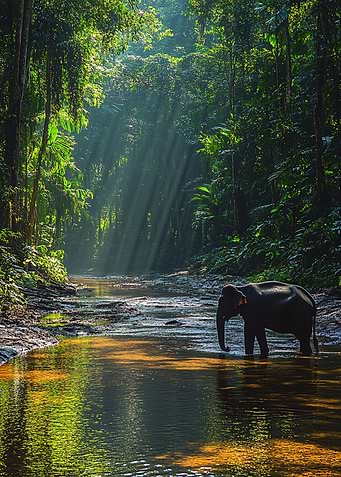 Elephant in Jungle River