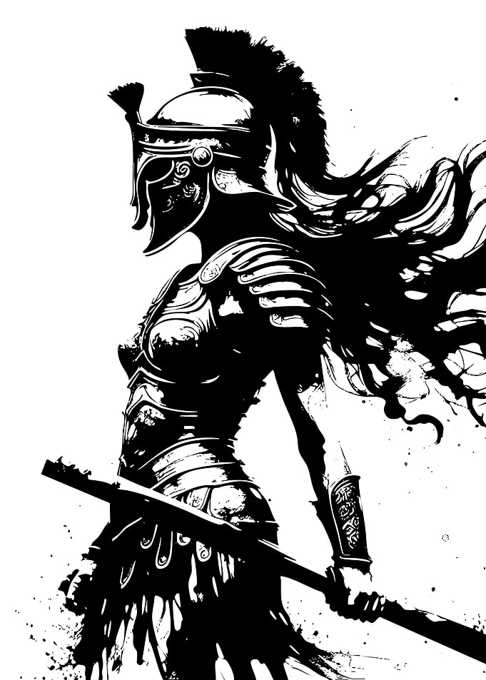 Warrior Woman in Armor, Black and White