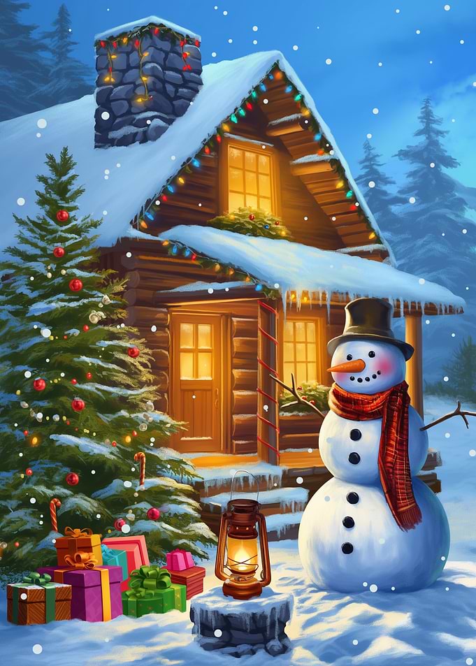 Winter Cabin Christmas Scene