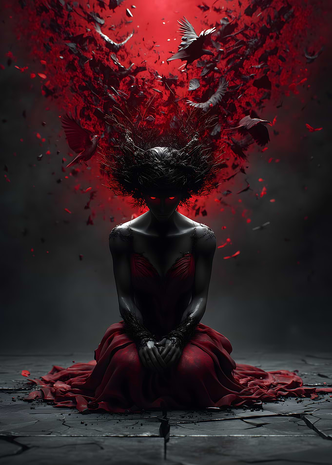 Red Dress Woman with Birds