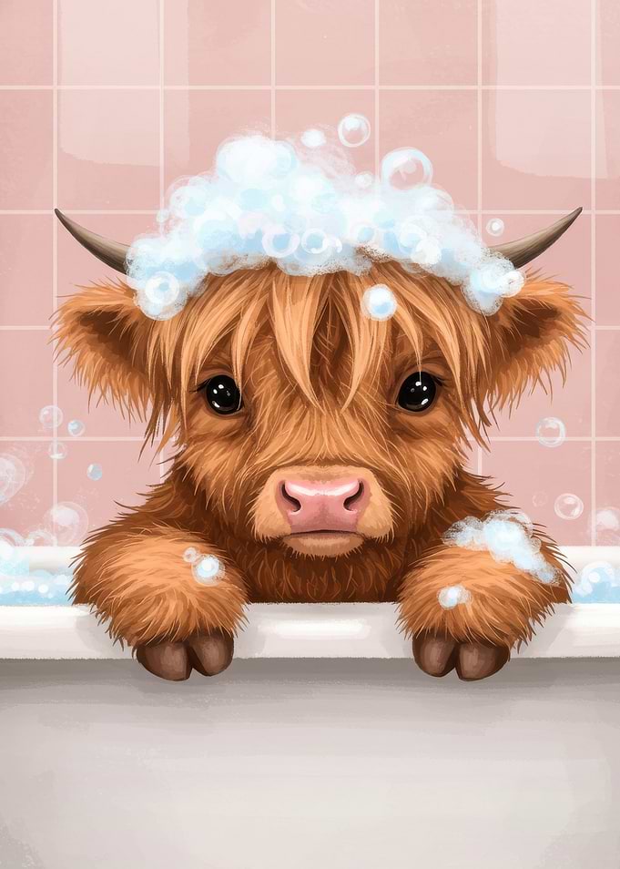 Cute Highland Cow in Bubble Bath
