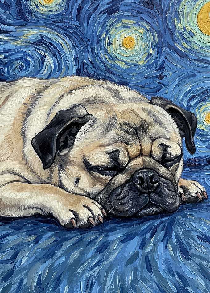 Pug Sleeping Starry Night Painting