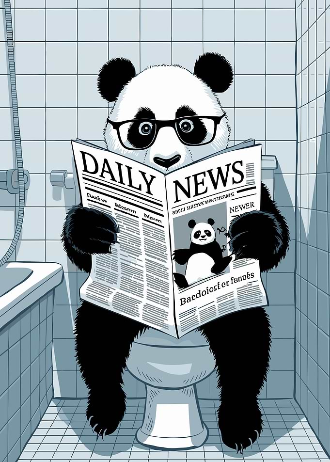 Panda Reading Newspaper on Toilet