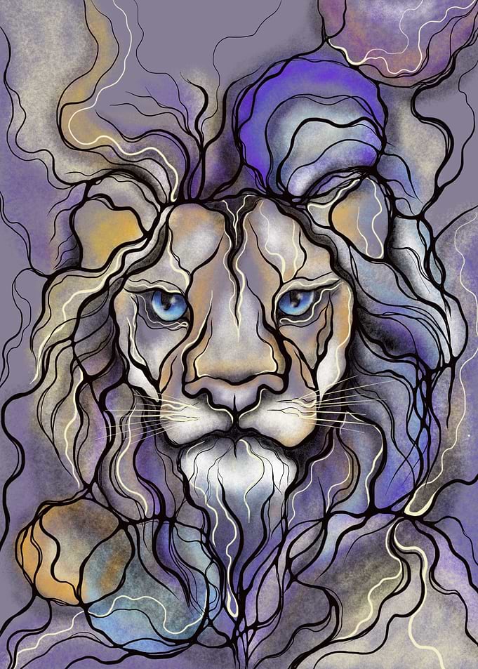 Blue-Eyed Abstract Lion with Vibrant Geometric Accents