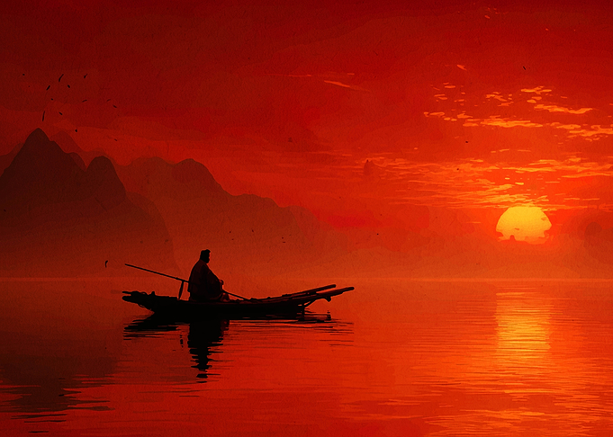 Red Sunset Boatman Silhouette