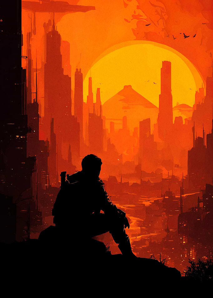 Silhouette in a dystopian cityscape sunset