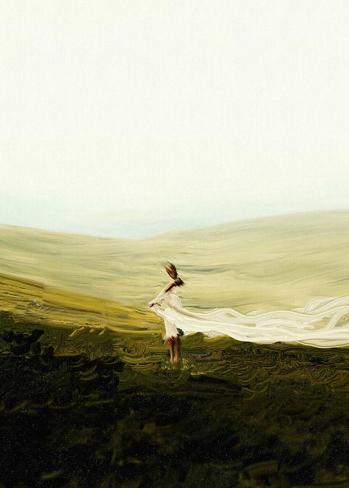Woman in White Dress on Hill Abstract Painting