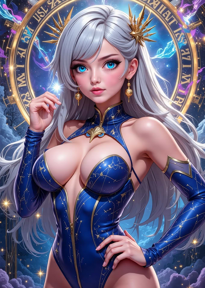 Anime Girl with Celestial Clock Background