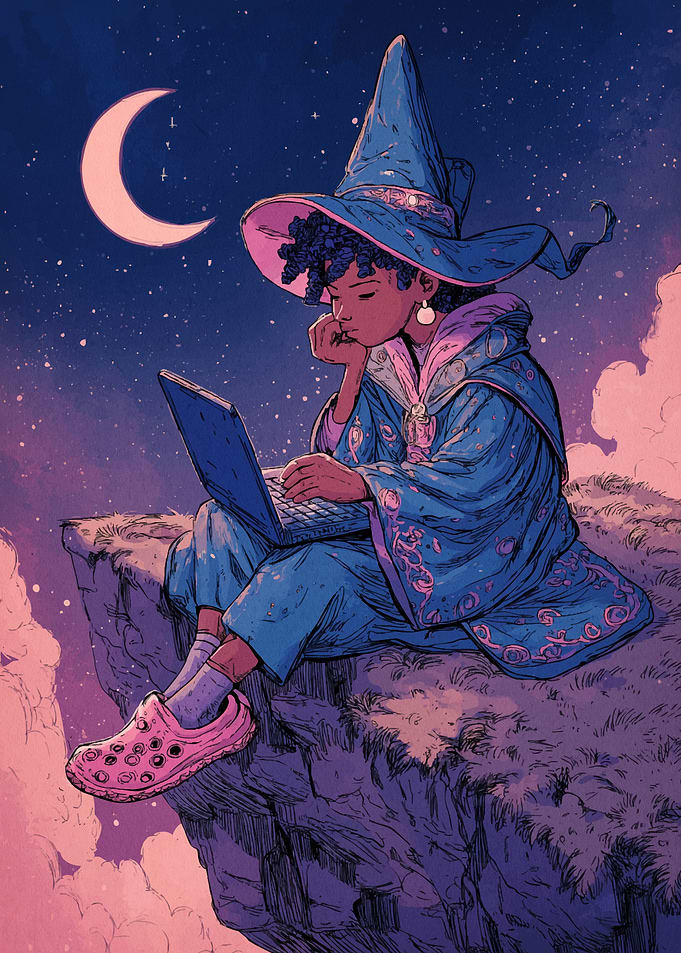 Wizard Girl with Laptop on Cliff