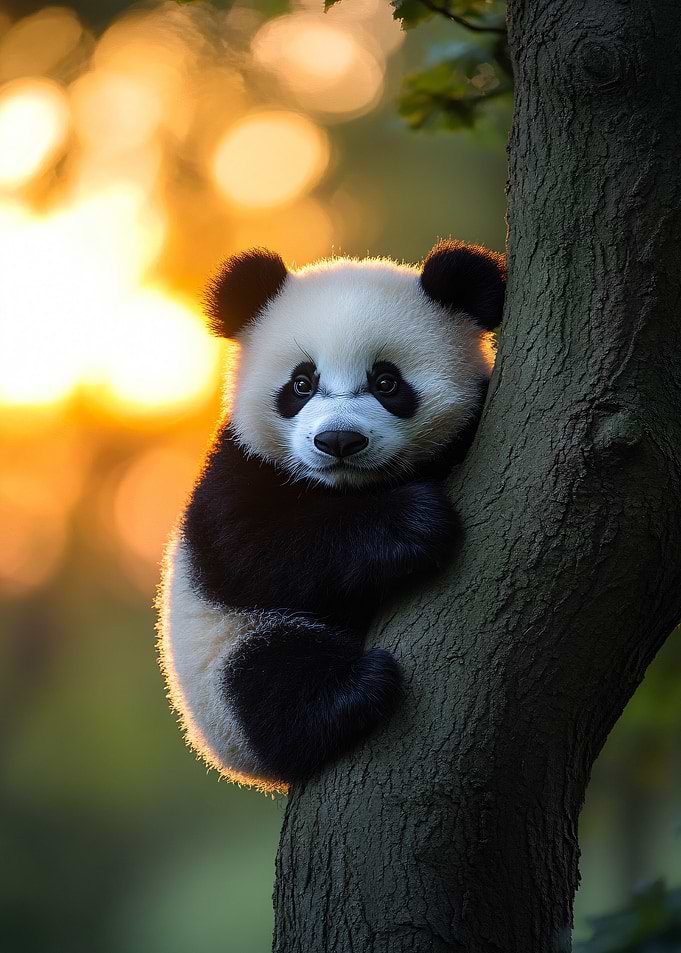 Cute Panda Cub Climbing Tree
