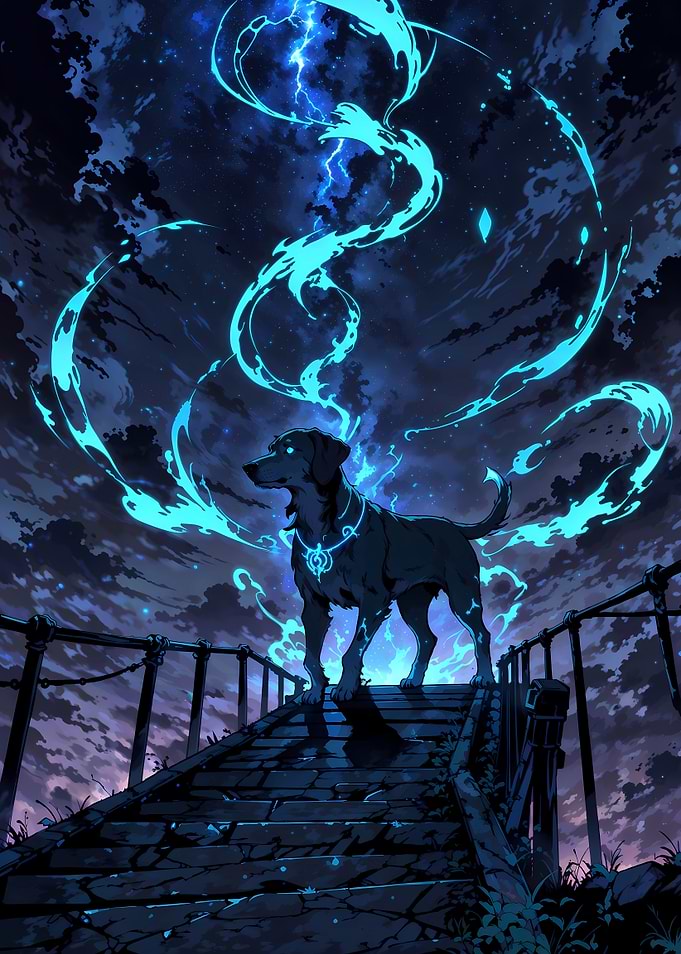 Mystical Spirit Dog on Bridge with Lightning