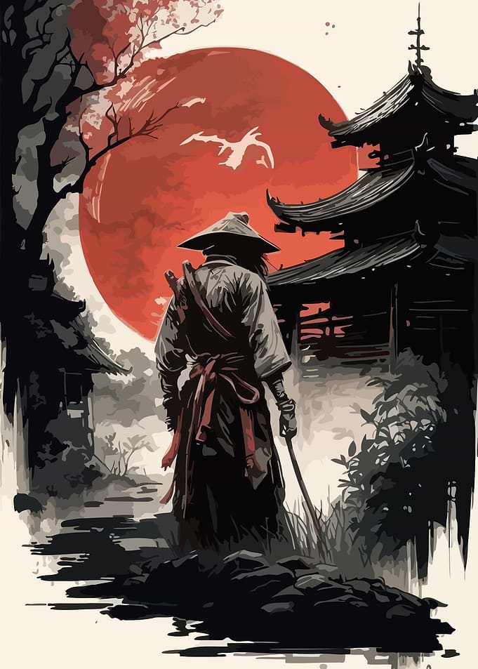 Samurai in Japanese Landscape with Temple