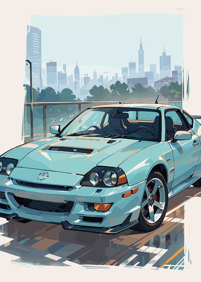 Light Blue Car with Cityscape Backdrop