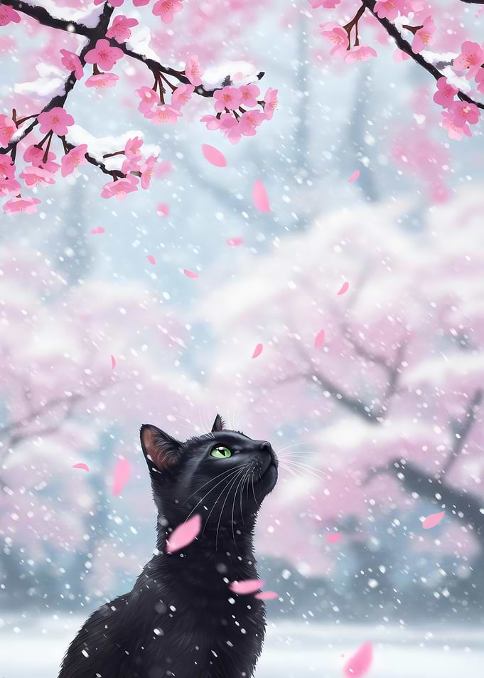 Black Cat Under Cherry Blossom Snow