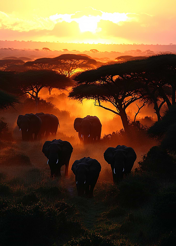 Elephants at Sunset in African Savannah
