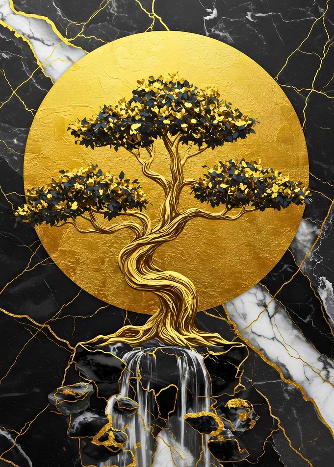 Golden Bonsai Tree with Waterfall