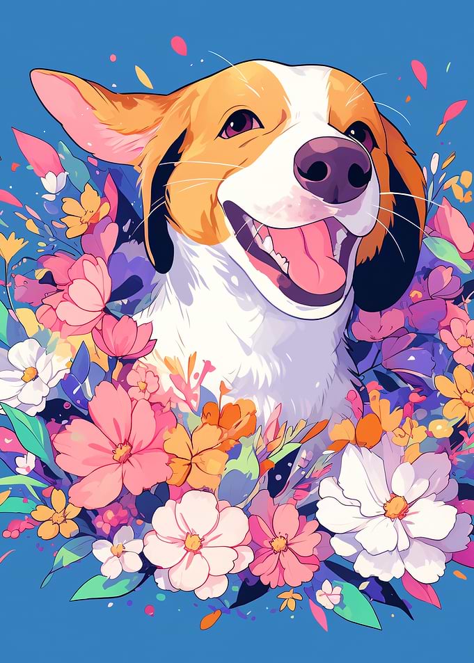 Happy Dog Surrounded by Flowers