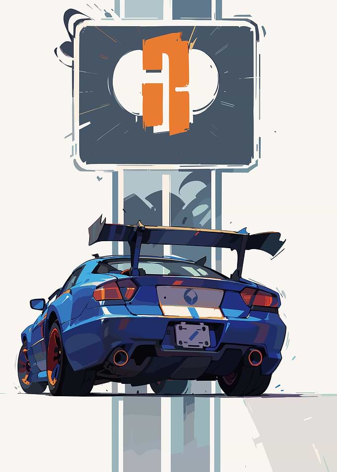 Blue Sports Car with Orange Accents