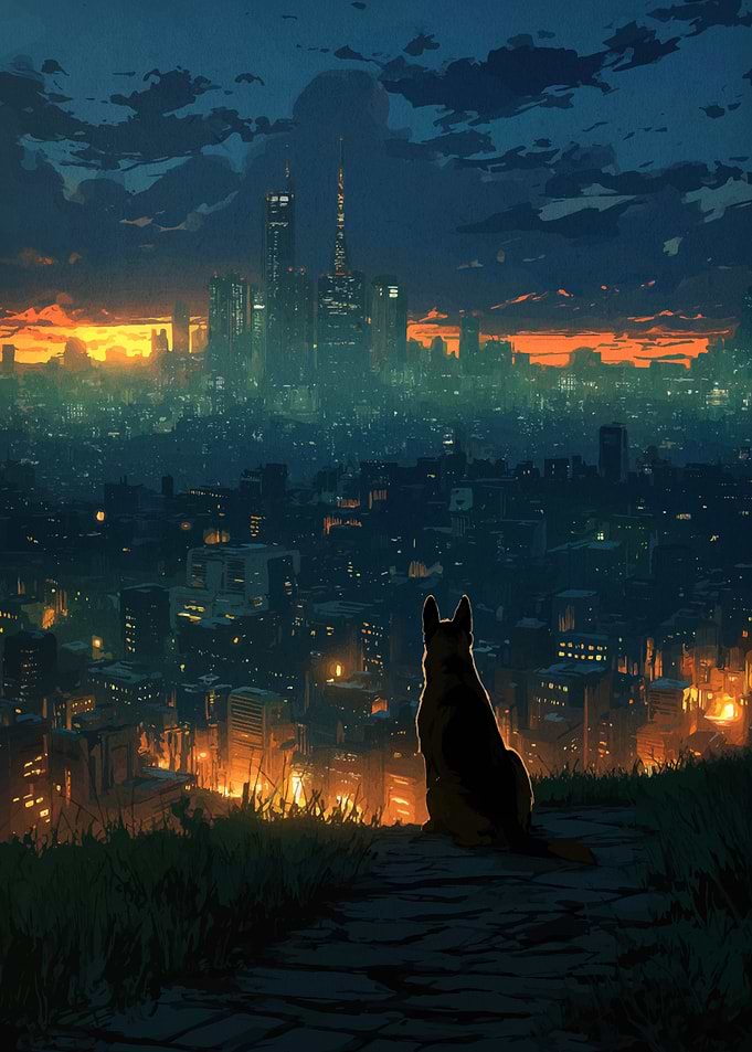 Dog overlooking futuristic cityscape at night
