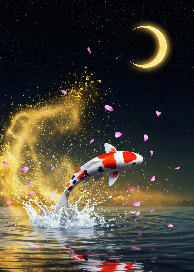 Koi Fish Leaping Under Crescent Moon