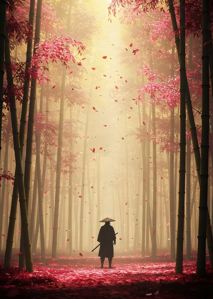 Samurai in Bamboo Forest with Red Leaves