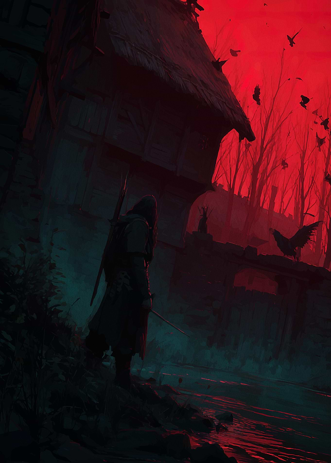 Dark Fantasy Landscape with Hooded Figure