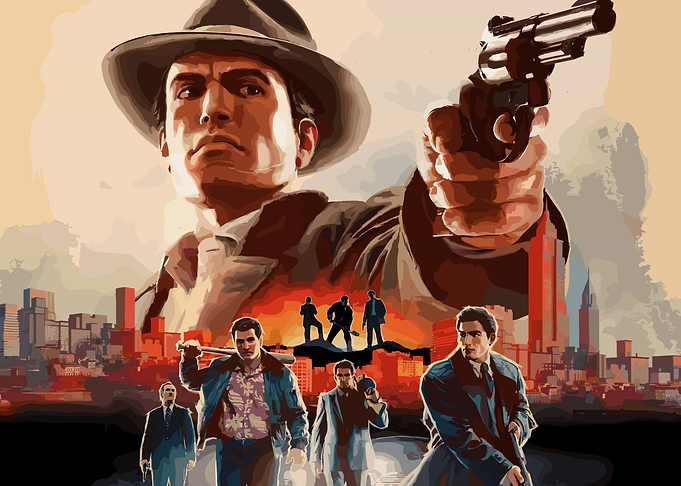 Mafia Gangster with Gun and Cityscape