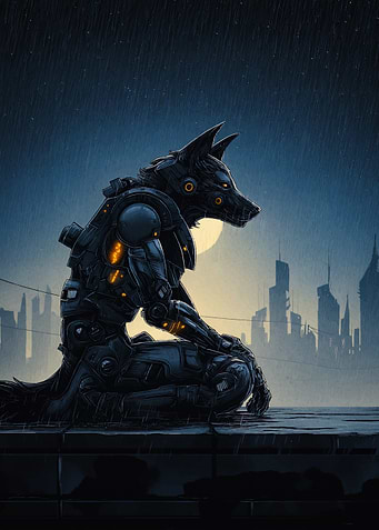 Cyberpunk Wolf in Rainy Cityscape