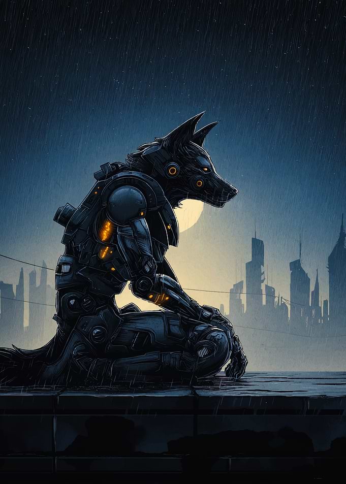 Cyberpunk Wolf in Rainy Cityscape