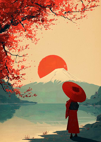 Japanese Landscape with Woman and Umbrella
