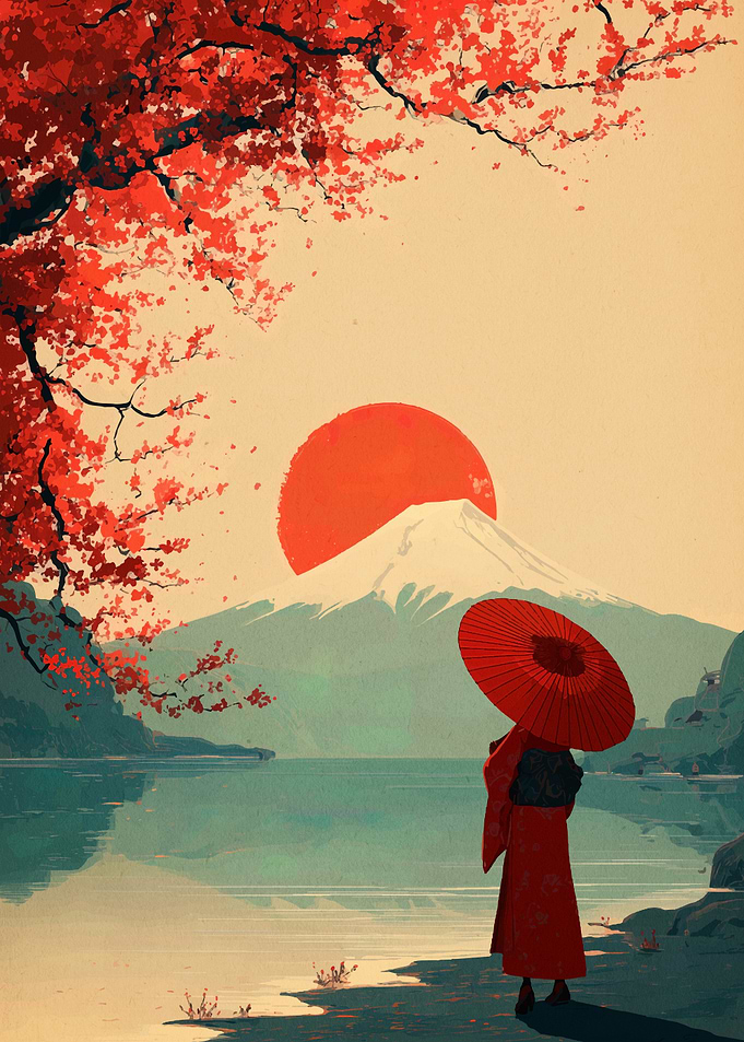 Japanese Landscape with Woman and Umbrella