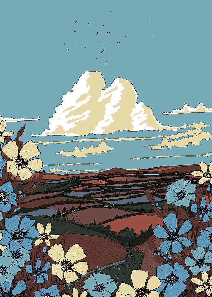 Floral Landscape with Clouds and Birds