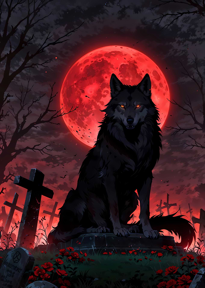 Gothic Wolf Under Red Moon