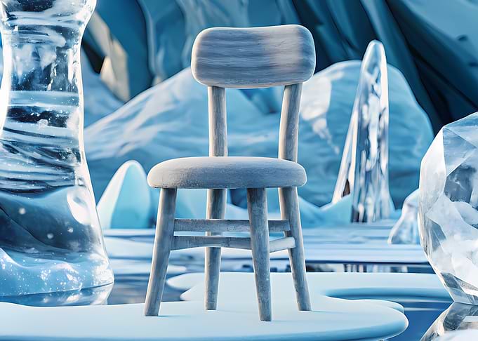 Wooden chair in surreal icy landscape with frozen structures – Silla de madera en paisaje surrealista helado con estructuras congeladas